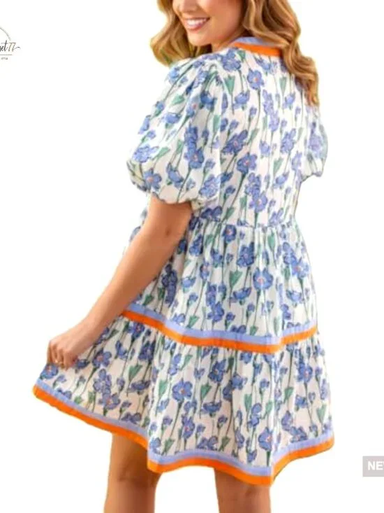 Puff Sleeve Floral Print Mini Dress with Pockets, Casual V-Neck Pull On - Picture 4 of 5